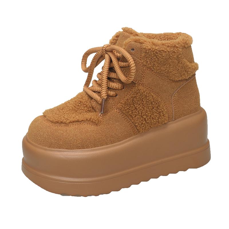 

Модные теплые зимние сапоги для женщин 2024 года, зимняя обувь из плюша с хлопковой подкладкой, женские кожаные ботильоны на высоком каблуке 7 см, туфли на толстой платформе 35 коричневый