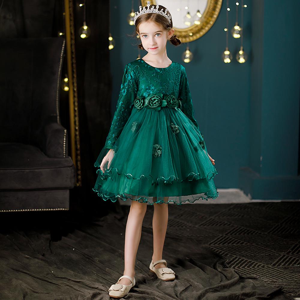 Cross-Border Long-Sleeve Flower Girl Princess Dress with Fluffy Tulle Skirt - Wedding and Performance Children's Costume