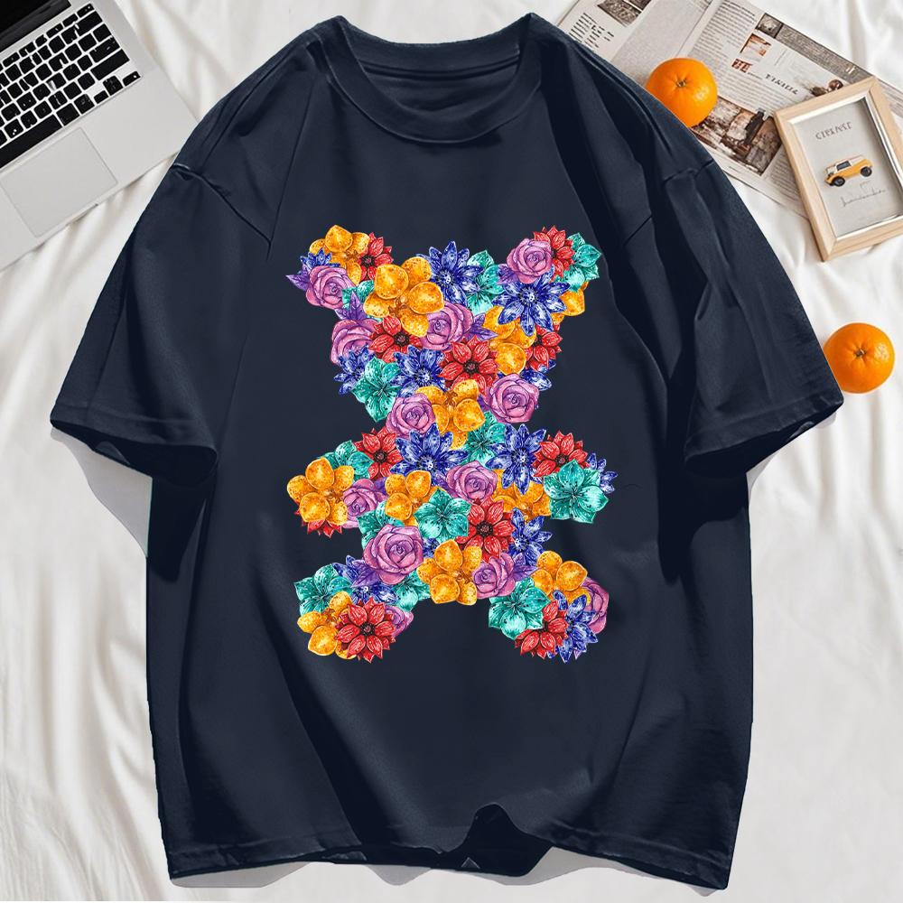 Little Bear Composed Of Flowers Printing T-Shirt Man Loose Cotton T Shirts Trendy O-Neck Casual Top Summer Streetwear