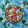 Tin Metal Christmas Gingerbread Girl Cookie Wreath Decoration 8x8 Inch Flat Wall Art
