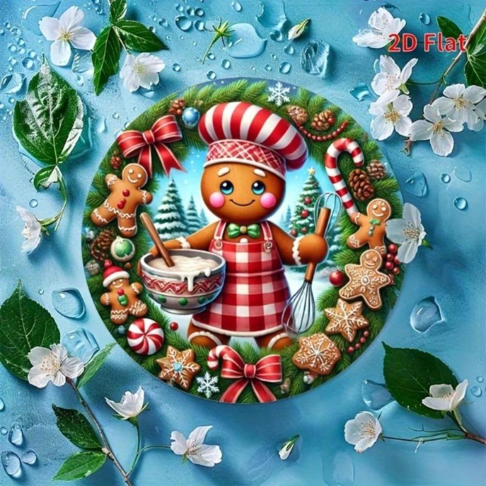Tin Metal Christmas Gingerbread Girl Cookie Wreath Decoration 8x8 Inch Flat Wall Art