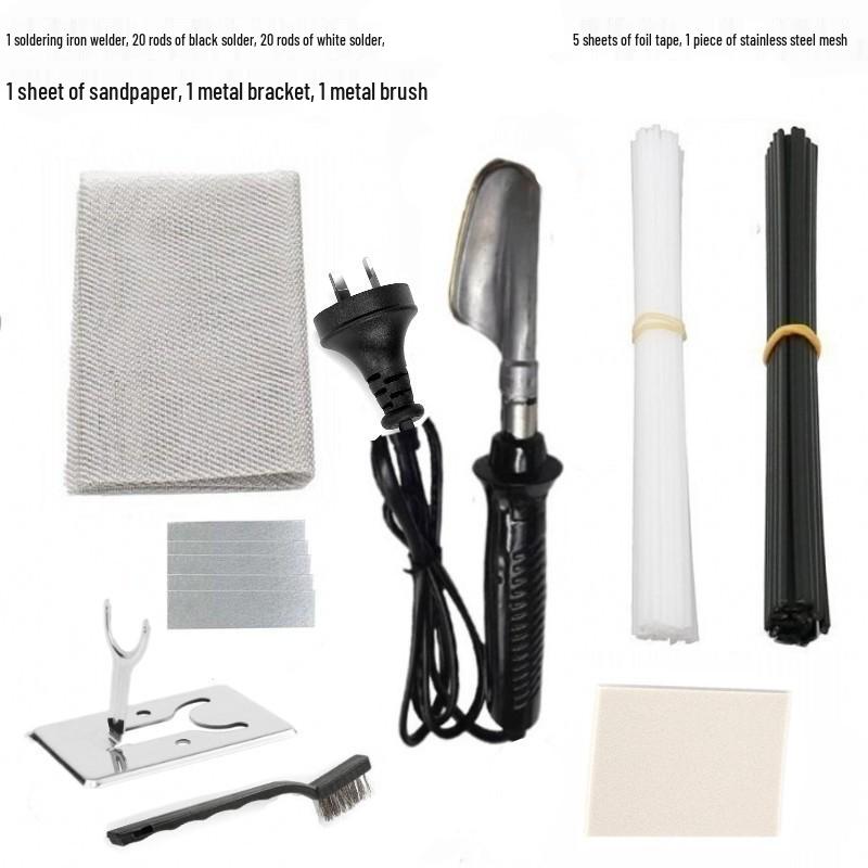 Electric Bumper Repair Kit for Front & Rear Bumpers - Soldering Iron, Mesh, PP Plastic Glue, and Welding Strips.