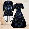 Women Plus Size Two Piece Set Black Printed Square Neck Short Sleeve Tie Waist Flared Dress And 3 4 Sleeve Cardigan