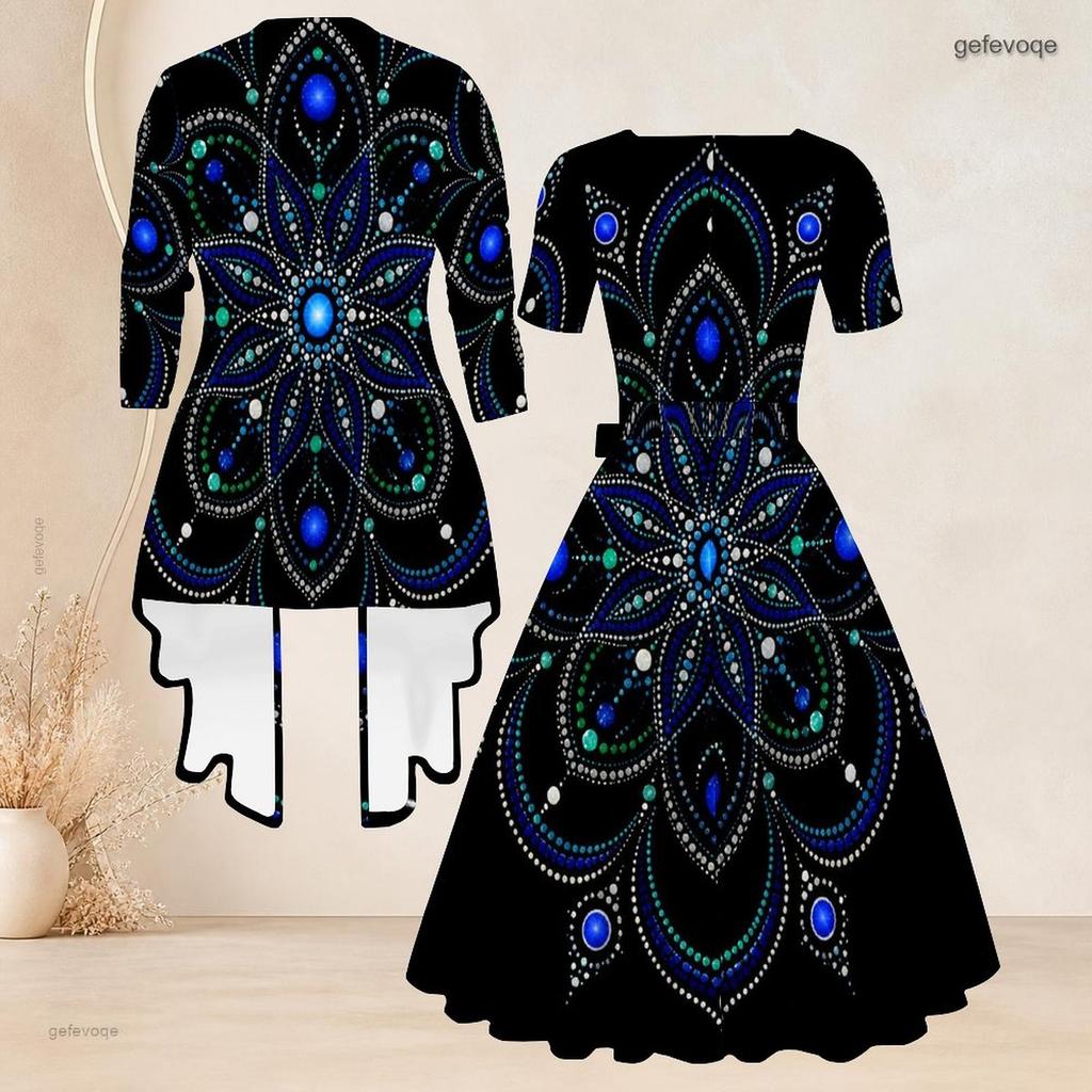 Women Plus Size Two Piece Set Black Printed Square Neck Short Sleeve Tie Waist Flared Dress And 3 4 Sleeve Cardigan