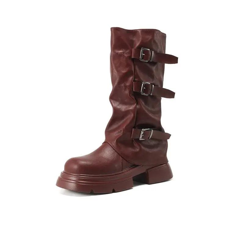 Fashion Leather Platform Mid Calf Shoes Woman Work Trend 2025 Large Size Half High Boots for Women Gyaru Gothic On Offer Waterproof Boot