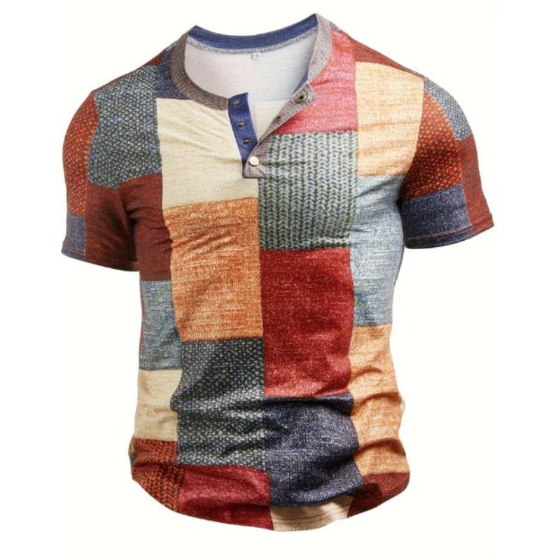 European and American semi-cardigan, casual short-sleeved digital printing slim-fit pullover Henry T-shirt top men's clothing