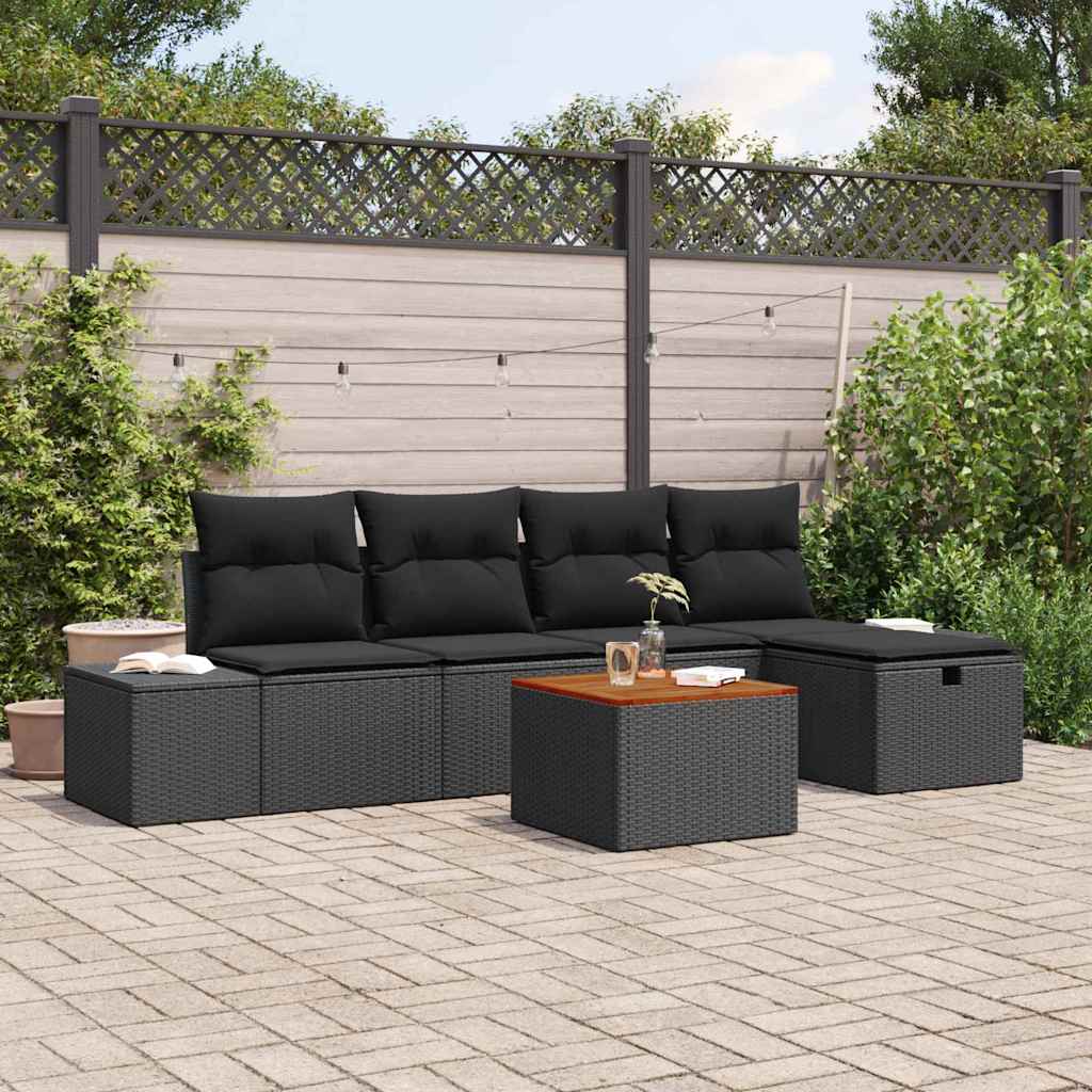 6 Piece Garden Sofa Set with Cushions Black Poly Rattan