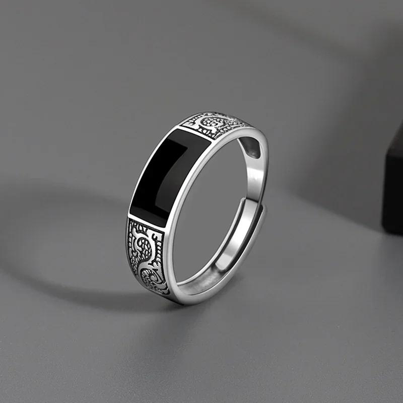 Trendy 925 Sterling Silver Ring for Men Jewelry Black Rectangle Retro Dragon Pattern Ring Male Open Rings Finger Accessories