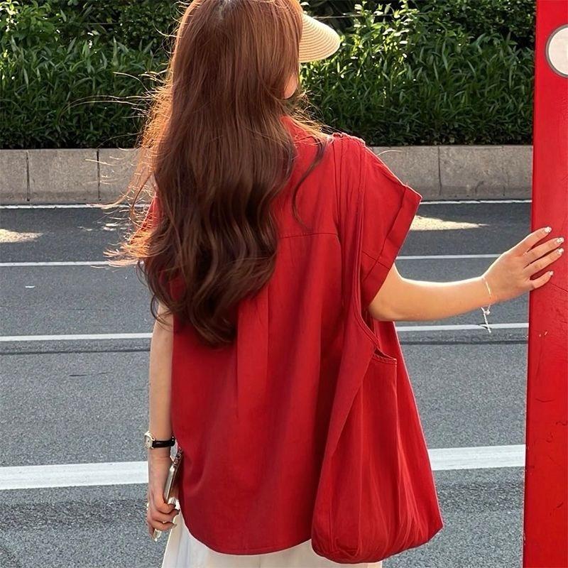 Solid Color Women's Shirt Korean Version Turndown Collar Button Ladies Small Fly Sleeve Blouse Summer Fashion Versatile Famale Loose Top