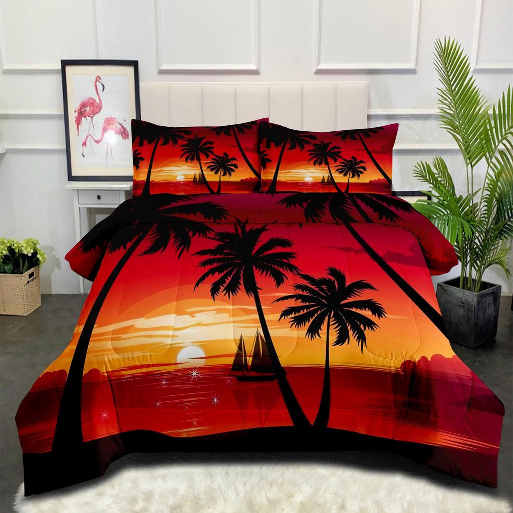 Gulf Coconut Tree Landscape Home Textiles Bedding Printing Fat Quilt Three-piece Quilt Cover Set