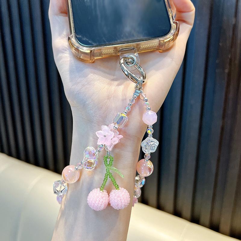 Cherry Beaded Mobile Phone Chain Crystal Bow Key Bag Lanyard Pearl Mobile Phone Lanyard