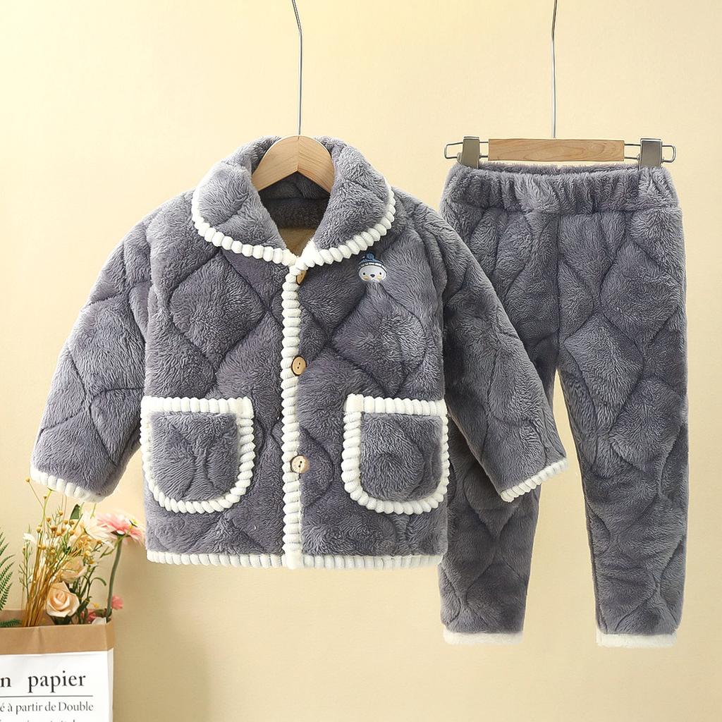 Children's Pajamas Set Thickened Winter Big Children's Flannel Boys and Girls Three-layer Thickened Warm Home Service Children's Clothing