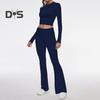 2 Pcs/Set Women Top Pants Suit Skinny High Waist O Neck Long Sleeves Pure Color Stretchy Soft Breathable Yoga Bell Bottoms T-shirt Set Spring Summer