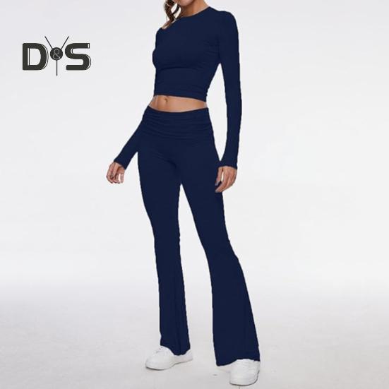 2 Pcs/Set Women Top Pants Suit Skinny High Waist O Neck Long Sleeves Pure Color Stretchy Soft Breathable Yoga Bell Bottoms T-shirt Set Spring Summer