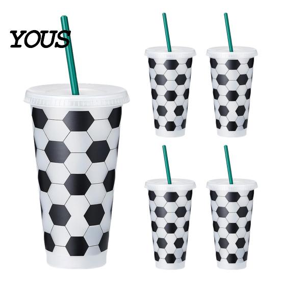 Trinkbecher Fußball Kunststoff mit Strohhalm, Fußballförmiger Kaltgetränke-Becher, Wiederverwendbar Sport 710ml Fassungsvermögen Limo für Spieltag, Fan-Party