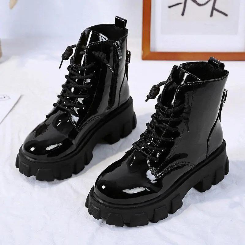 Round Toe Med Heel Boots Women Shoes Autumn Boots-women Booties Ladies Lace Up Luxury Designer Lolita Black 2025 Rubber Flat