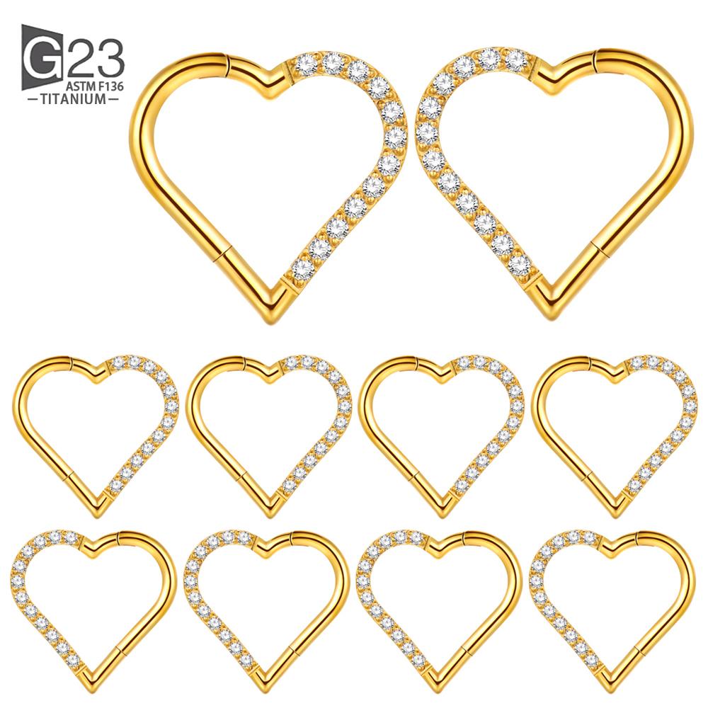 10Pc ASTM F136 Titanium Daith Heart Earring Hoop Cartilage Tragus Helix Rings Hinged Segment Hoop with Clear CZ
