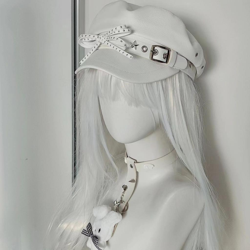 Ladies Winter Cap Y2K Japanese Hat White Pu Bow Women's Caps Punk Gothic Beret Hats Cap for Girls Women's Fashion Beret Hats