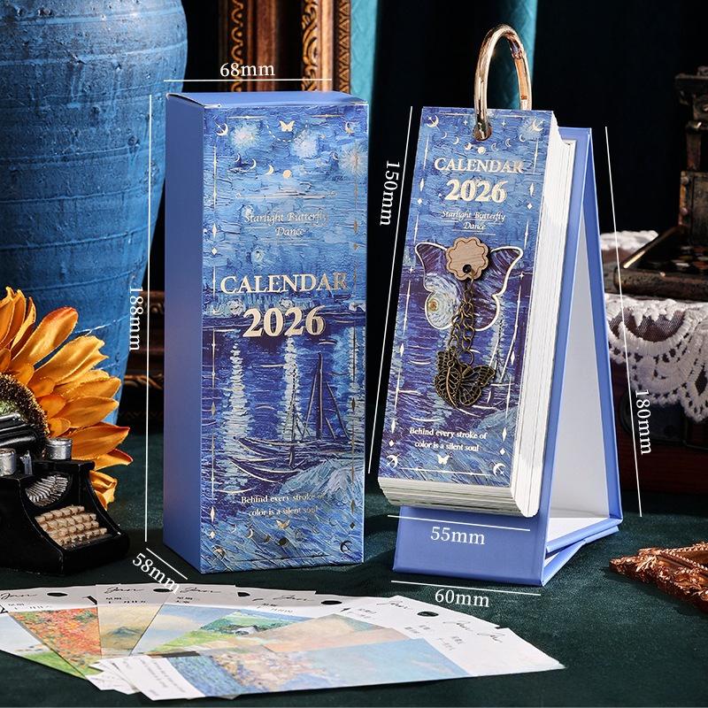 

2026 Desk Calendar With Ring Binding 365 Days Vintage Oil Painting Inspirational Quotes One-Way Page Turn Daily Planner Calendar синий