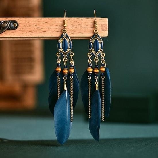 Bohemia Tassel Feather Drop Dangle Earrings Ear Hook Womens Wedding Jewelry Gift