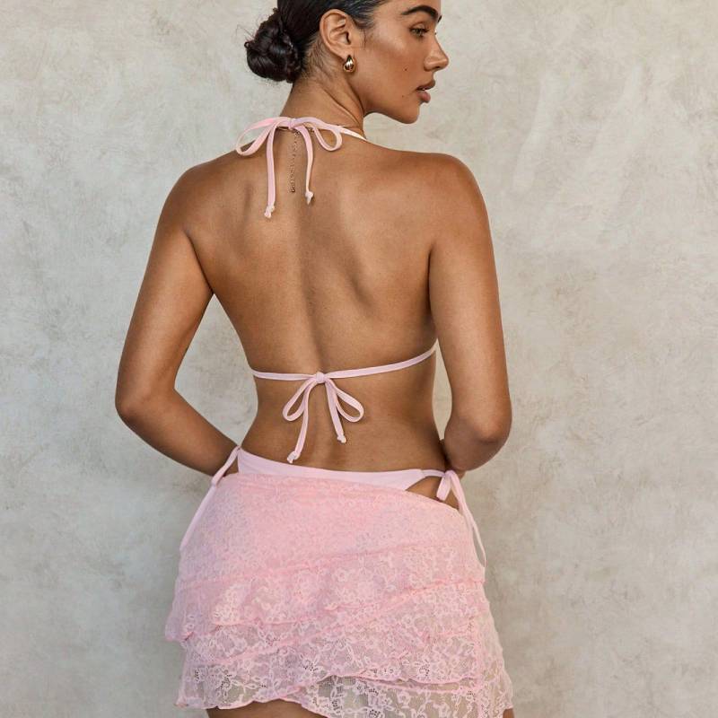 Bikini Set For Women With Lace Coverup And Tie Neck Design For Swimming And Water Sports