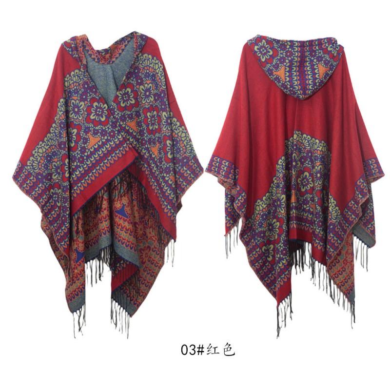 Womens Floral Jacquard Hooded Cape With Fringe Trim Warm Knit Shawl