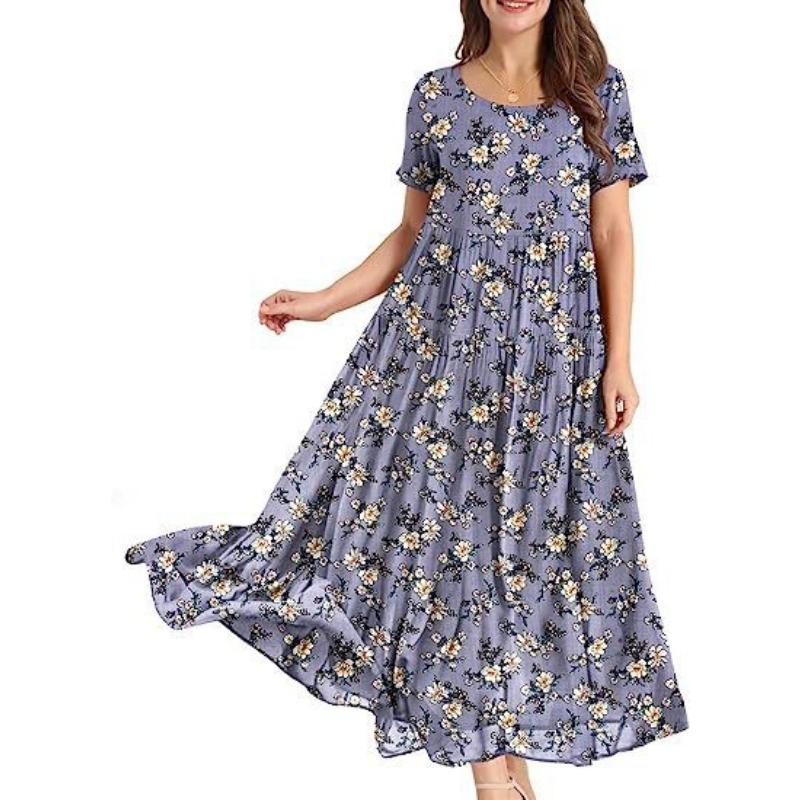 Women's Summer Beach MIDI Dress Comfortable Pleated Dress Casual Loose Floral Dress