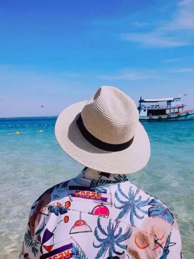 XL Großer Kopf 63CM Sommer Strand Geflochtene Sonnenhüte Herren Damen Übergröße Jazz UV UPF 50+ Sonnenschutz Reise Panamastrohhüte Unisex