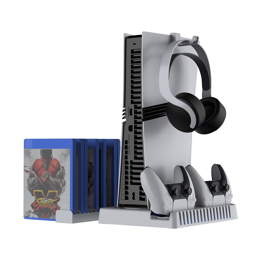 

PS5 Console Cooling Stand with P5 Controller Charger, Disc Storage, and Headphone Hook. 22.6*36.6*4.8cm