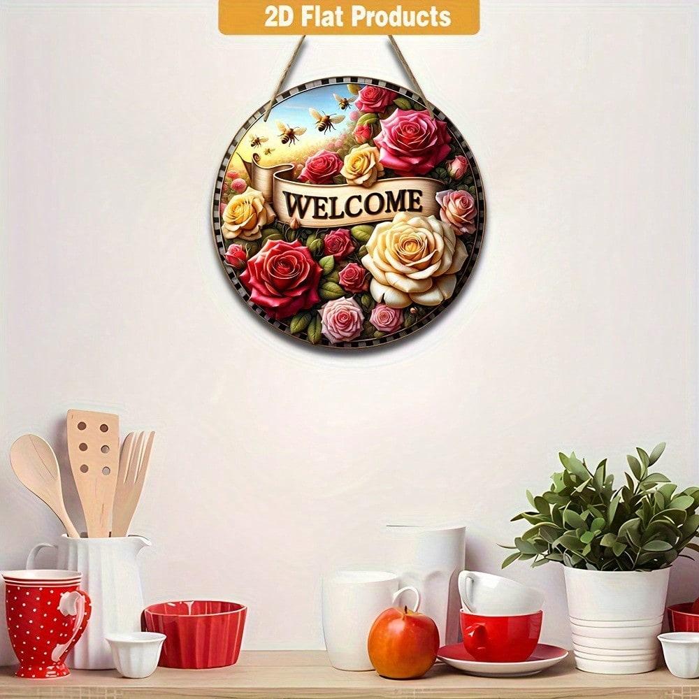 Vintage Welcome Sign Floral Wreath Round Rustic Wall Art Home Garden Farmhouse Decor