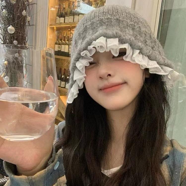 Korean Lace Knitted Fisherman Hat for Women in Autumn and Winter Sweet and Versatile Woolen Hat  Warm and Face Friendly Small Hat Trendy