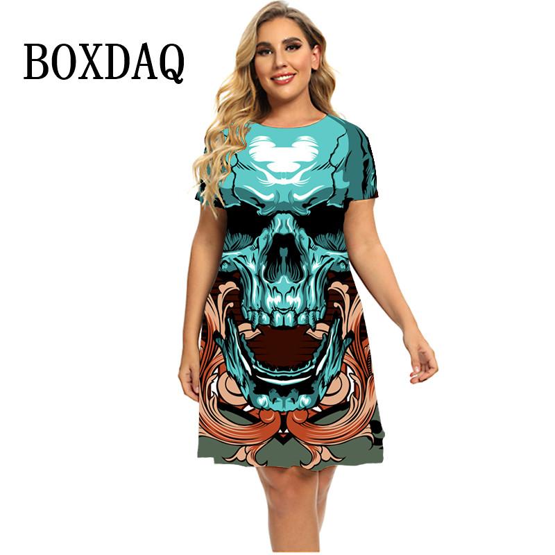2025 New Spring Plant Mushroom 3D Skull Dresses Women Summer Short Sleeve Loose Mini Dress Casual Gradient Print Plus Size Dress
