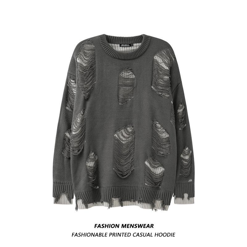 

Модний унісекс оверсайз светр з потертої в язаної пряжі з бахромою 2024 для пар 3XL сірий колір