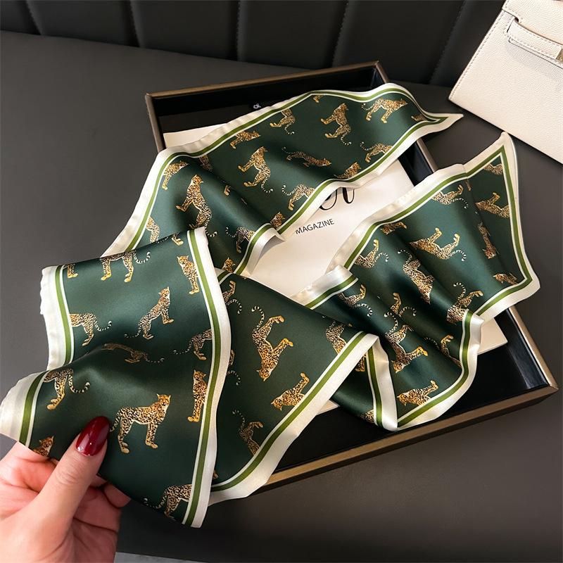 Gold Color Leopard Pattern Small Silk Scarves Long Narrow Silk Feel Double-Sided Scarf for Women Lady Headband Shawl Hairband