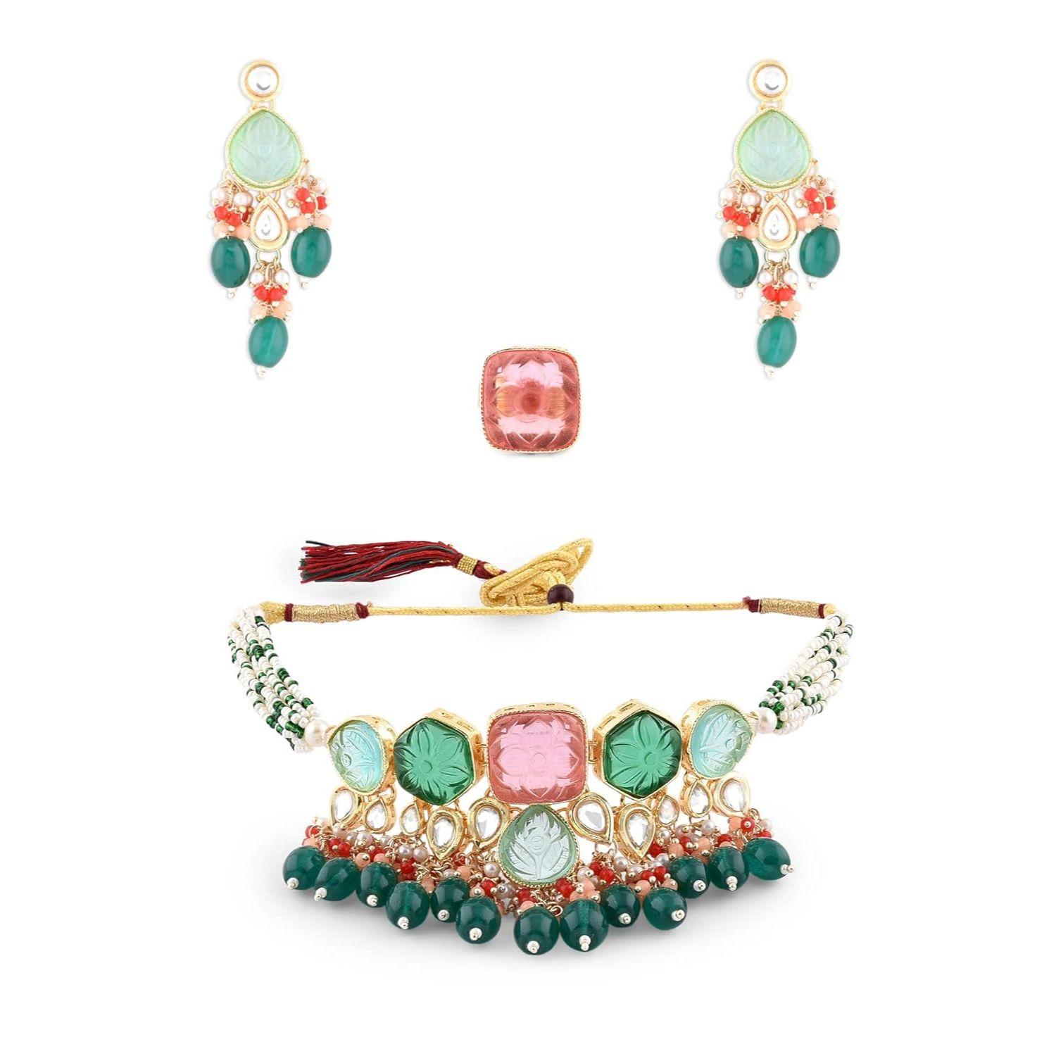 

Multicolor Stones & Beads Multistrand Beaded Kundan Choker Necklace Earring & Ring Set For Women