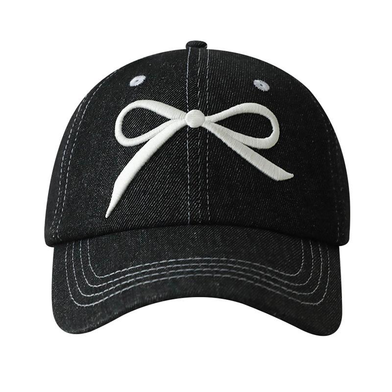 Bow embroidered denim baseball cap girlish feeling cute cap wide brim show face small fashion versatile