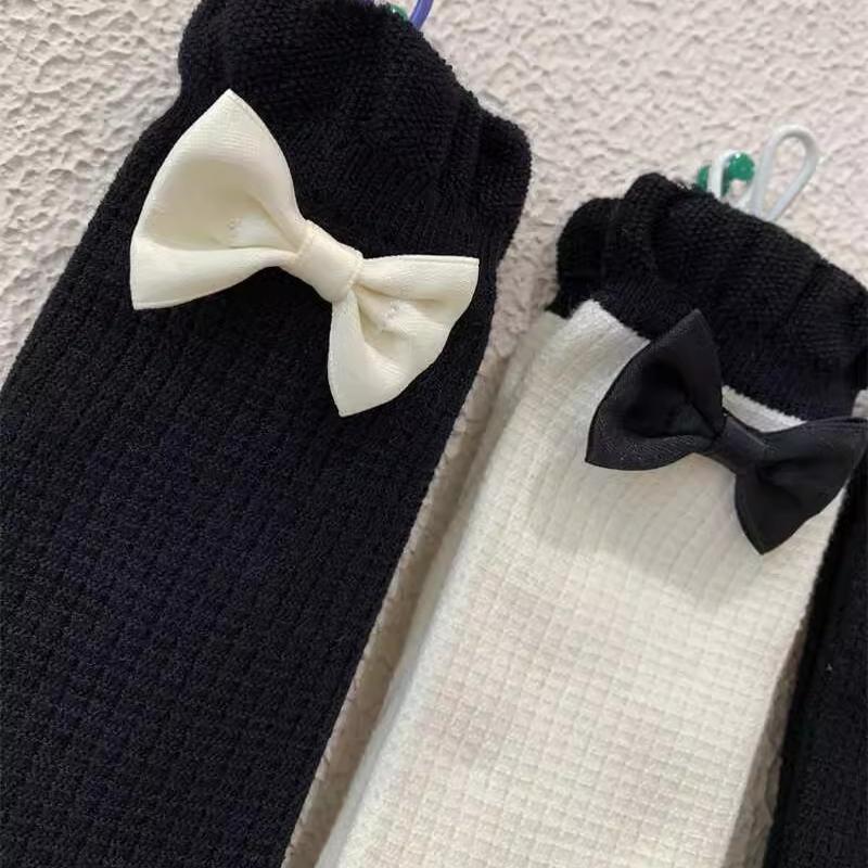 Embroidered Bow Socks Medium Tube Socks Cotton Spring And Autumn White Black Stacking Socks Mesh Stockings