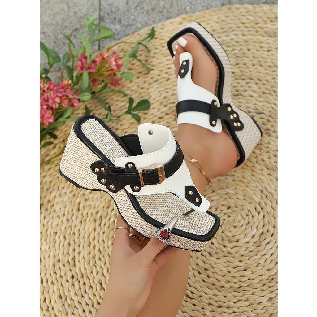 Ladies' Thick Soled Wedge Sandals with Metal Nail Buckle Design - Square Toe Breathable Fabric Cover, Shock-absorbing Rubber Sole, Non Slip Shoes