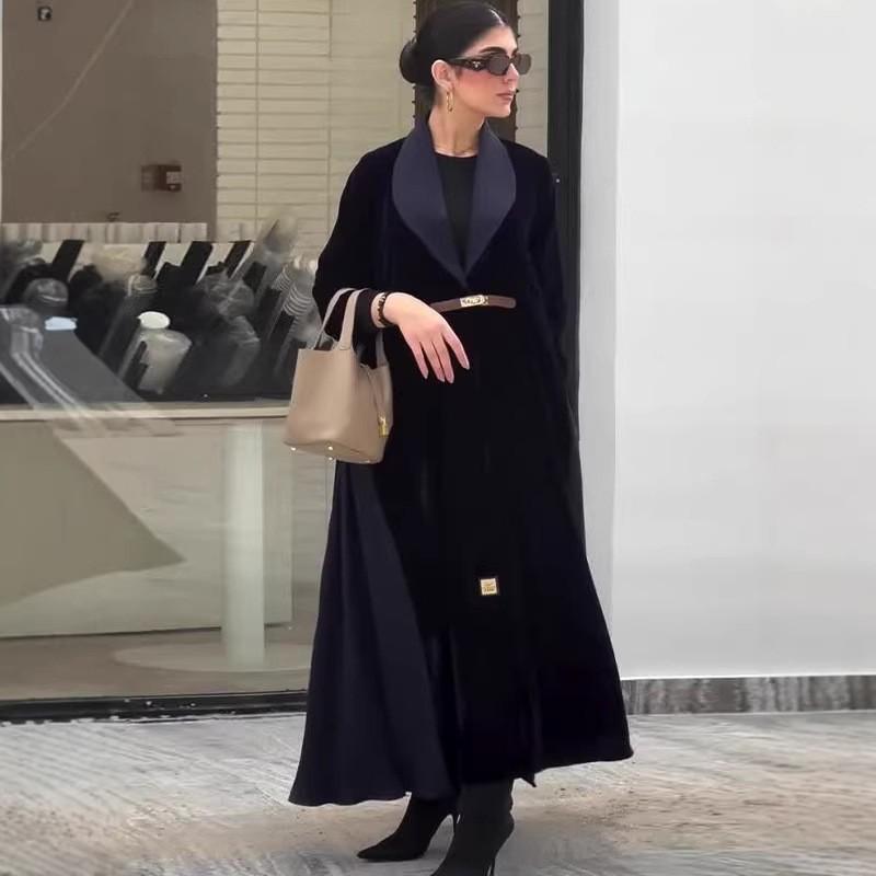 2026 Color Block Knee-Length Loose Coat Womens A-Line Polo Collar Long Sleeve Outerwear