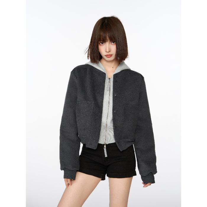 

Women s American Style Grey Wool Blend Cardigan Baseball Jacket - Petite Spring/Autumn 2026 Edition XL серый