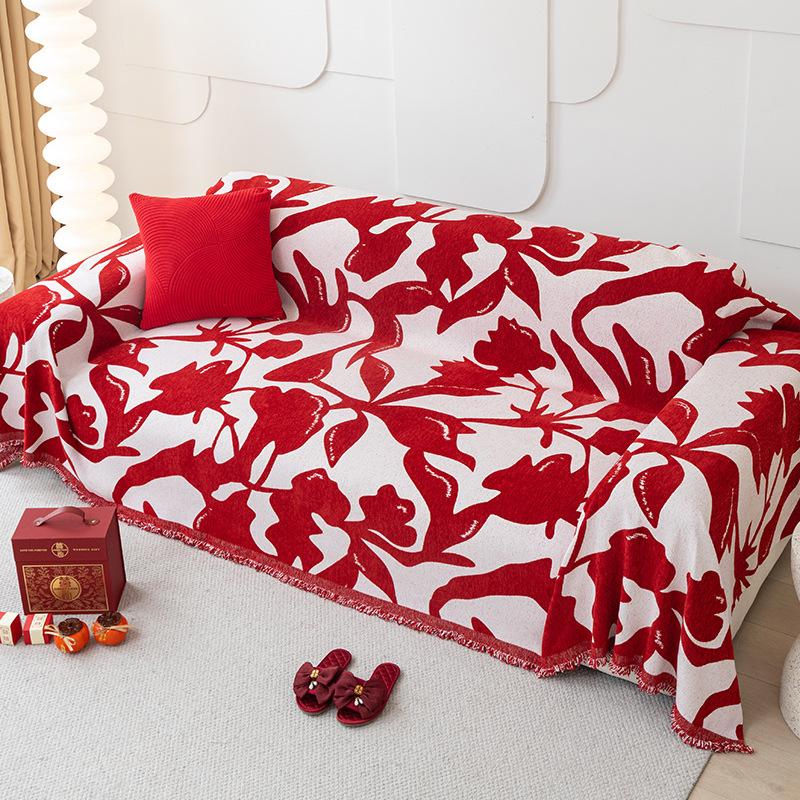 Wedding Decoration Red Sofa Towel Cover Blanket Living Room Universal Multifunctional Non Slip Skin Friendly Chenille Romantic