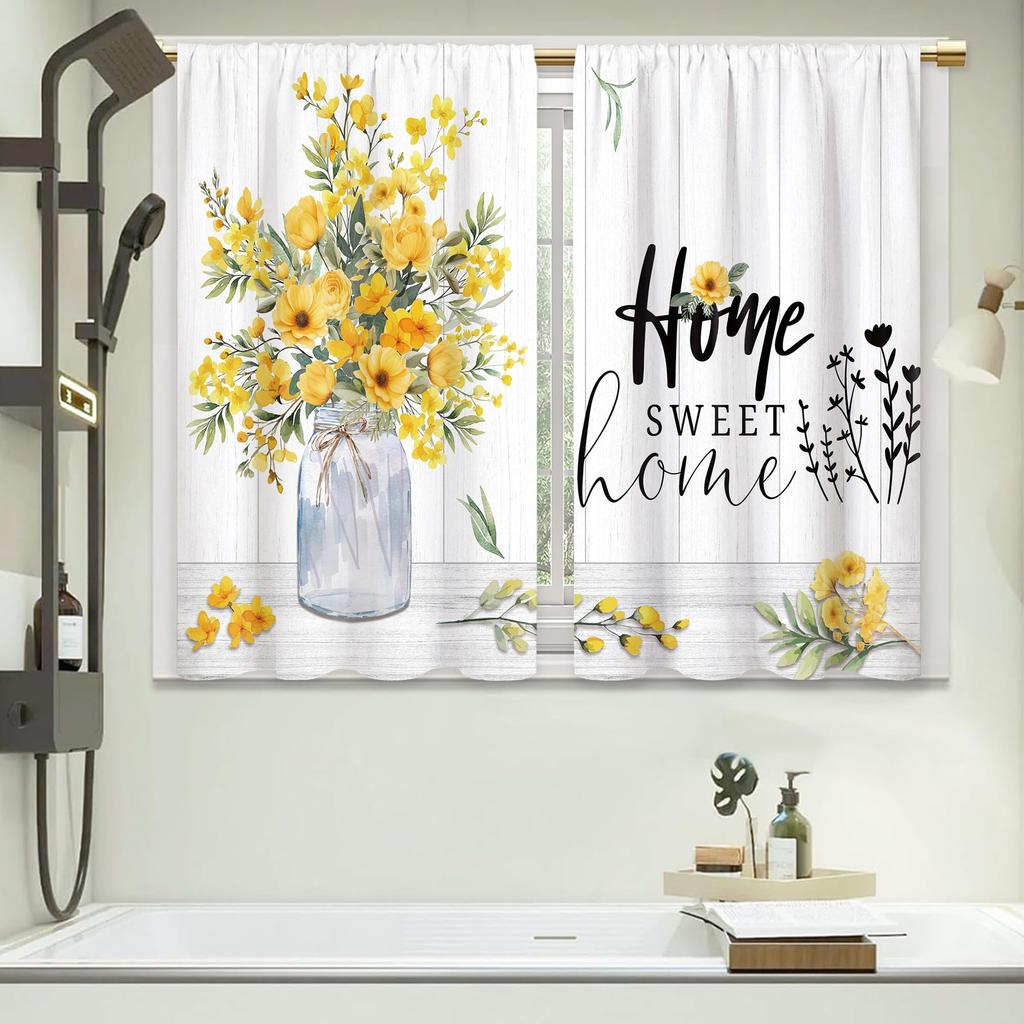 2 Panels Rustic Yellow Floral Kitchen Curtains Farmhouse Bathroom Window Treatment Drapes Cafe Small Bedroom Short Curtains