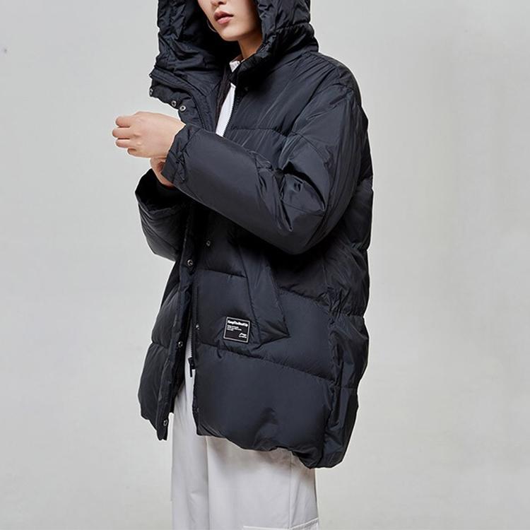 Li Ning Cold Resistant Warm Hooded Down Jacket Women Outerwear Standard-Black AYMP032-2