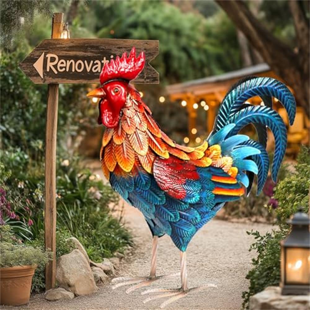 Metal Rooster Statues Outdoor Garden Decor & Chicken Ornaments for Backyard Patio & Lawn Figurines Lawn Ornaments