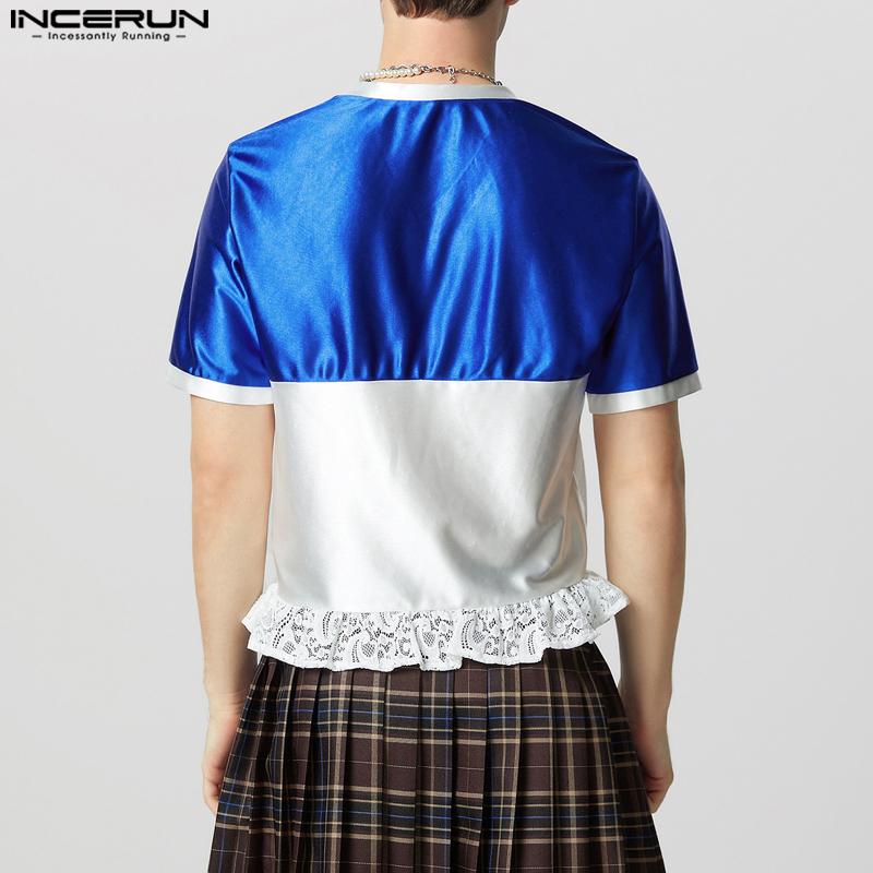 INCERUN Men Women Round Neck Short Sleeve Lace Patchwork Glitter Party T-shirts Tops