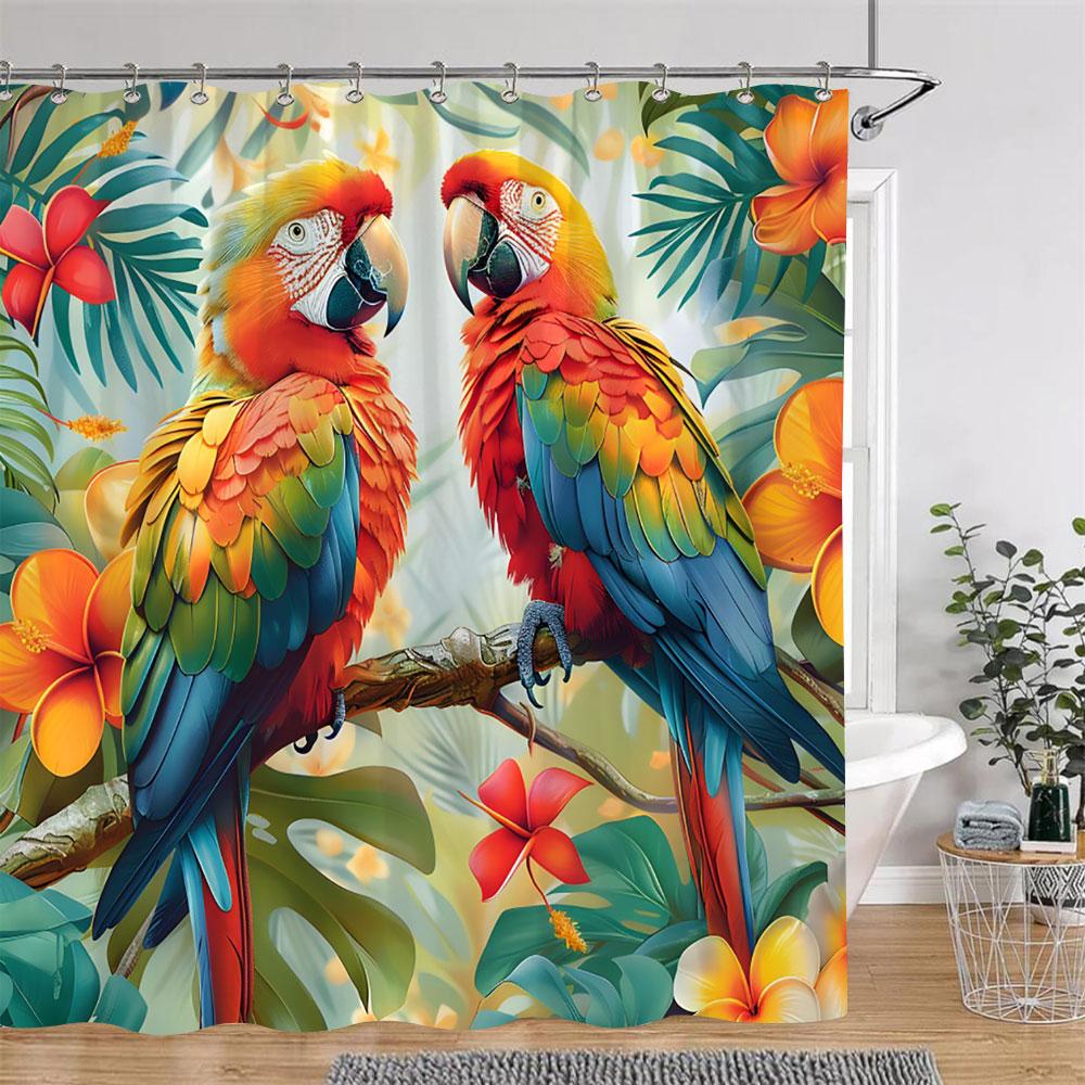 Tropical Plants Floral Shower Curtain Green Palm Leaves Pink Flowers Polyester Fabric Shower Curtains Bathroom Decor With Hooks