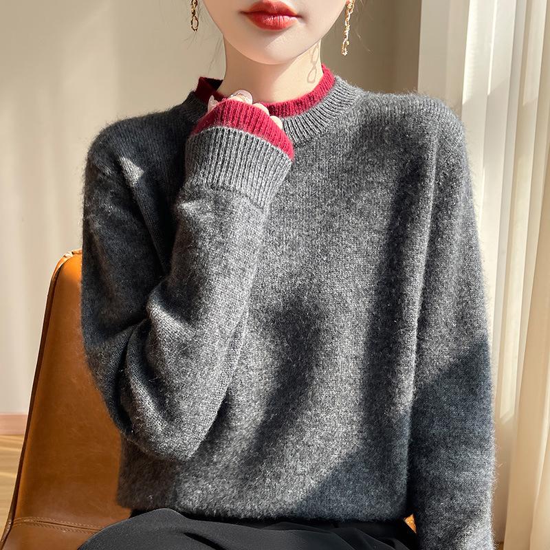 Women's Pink Color Block Wool Sweater: Autumn/Winter, Loose, Thick, Round Neck, Fake Two-Piece, Lazy Knit Base Layer