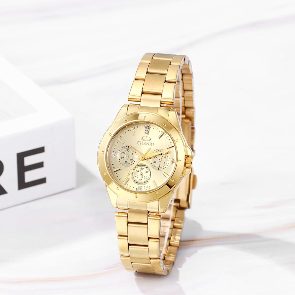 "Women's Stainless Steel Waterproof Analog Watch Gold Small Second Hand Fashion Accessory"