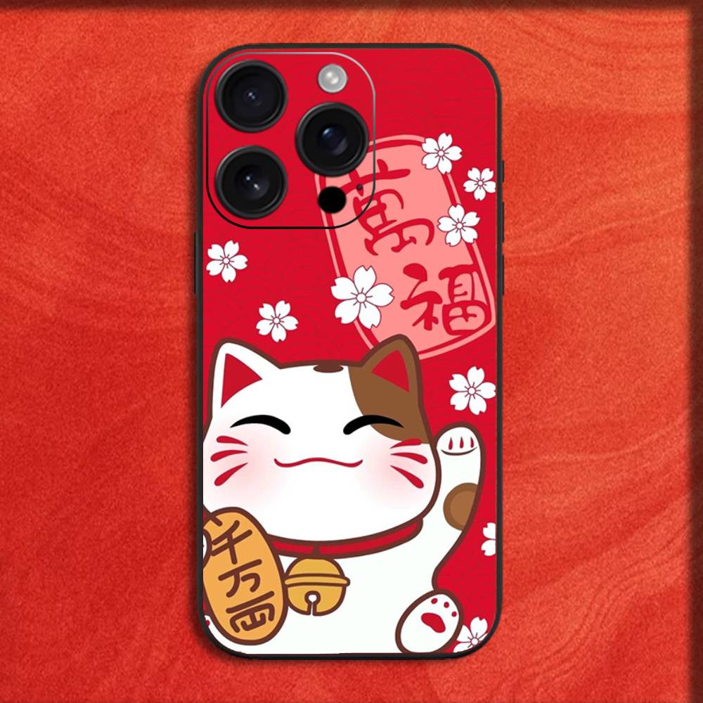 Phone Case For iPhone 16,15,14,13,12,11,Pro,XS,Max,XR,Plus,E,Mini Maneki Neko Lucky Money Cat Black Shockproof Cover