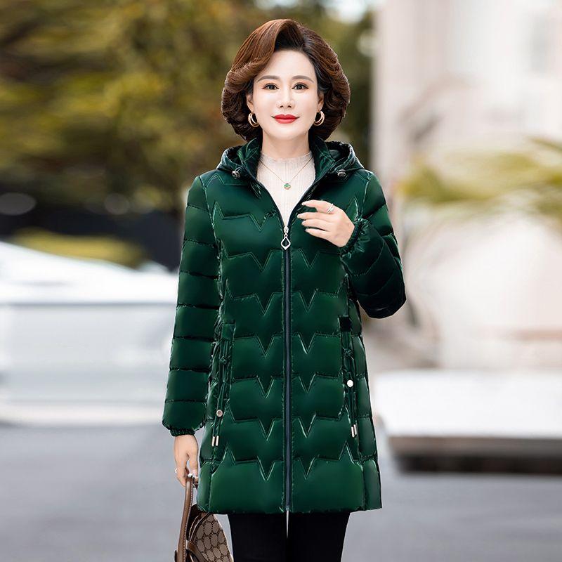 Fashionable and Comfortable Long Cotton Coat for Middle-aged and Elderly Women with Bright Surface